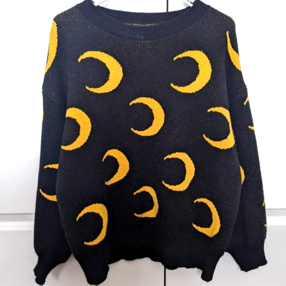 Black and Yellow Moon Witch Oversized Sweater Small